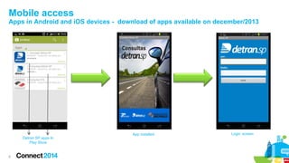 Mobile access
Apps in Android and iOS devices - download of apps available on december/2013

App installed
Detran SP apps In
Play Store

9

Login screen

 