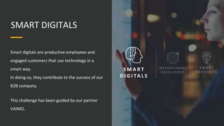 SMART DIGITALS
Smart digitals are productive employees and
engaged customers that use technology in a
smart way.
In doing so, they contribute to the success of our
B2B company.
This challenge has been guided by our partner
VAIMO.
 
