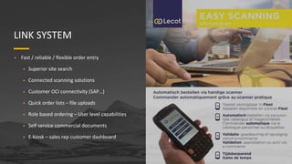 LINK SYSTEM
• Fast / reliable / flexible order entry
• Superior site search
• Connected scanning solutions
• Customer OCI connectivity (SAP…)
• Quick order lists – file uploads
• Role based ordering – User level capabilities
• Self service commercial documents
• E-kiosk – sales rep customer dashboard
 