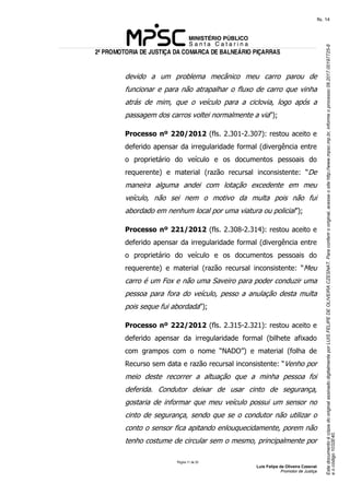 EstedocumentoécópiadooriginalassinadodigitalmenteporLUISFELIPEDEOLIVEIRACZESNAT.Paraconferirooriginal,acesseositehttp://www.mpsc.mp.br,informeoprocesso08.2017.00197725-8
eocódigo1032E40.
fls. 14
2ª PROMOTORIA DE JUSTIÇA DA COMARCA DE BALNEÁRIO PIÇARRAS
Página 11 de 33
Luis Felipe de Oliveira Czesnat
Promotor de Justiça
devido a um problema mecânico meu carro parou de
funcionar e para não atrapalhar o fluxo de carro que vinha
atrás de mim, que o veículo para a ciclovia, logo após a
passagem dos carros voltei normalmente a via”);
Processo nº 220/2012 (fls. 2.301-2.307): restou aceito e
deferido apensar da irregularidade formal (divergência entre
o proprietário do veículo e os documentos pessoais do
requerente) e material (razão recursal inconsistente: “De
maneira alguma andei com lotação excedente em meu
veículo, não sei nem o motivo da multa pois não fui
abordado em nenhum local por uma viatura ou policial”);
Processo nº 221/2012 (fls. 2.308-2.314): restou aceito e
deferido apensar da irregularidade formal (divergência entre
o proprietário do veículo e os documentos pessoais do
requerente) e material (razão recursal inconsistente: “Meu
carro é um Fox e não uma Saveiro para poder conduzir uma
pessoa para fora do veículo, pesso a anulação desta multa
pois seque fui abordada”);
Processo nº 222/2012 (fls. 2.315-2.321): restou aceito e
deferido apensar da irregularidade formal (bilhete afixado
com grampos com o nome “NADO”) e material (folha de
Recurso sem data e razão recursal inconsistente: “Venho por
meio deste recorrer a altuação que a minha pessoa foi
deferida. Condutor deixar de usar cinto de segurança,
gostaria de informar que meu veículo possui um sensor no
cinto de segurança, sendo que se o condutor não utilizar o
conto o sensor fica apitando enlouquecidamente, porem não
tenho costume de circular sem o mesmo, principalmente por
 