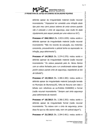 EstedocumentoécópiadooriginalassinadodigitalmenteporLUISFELIPEDEOLIVEIRACZESNAT.Paraconferirooriginal,acesseositehttp://www.mpsc.mp.br,informeoprocesso08.2017.00197725-8
eocódigo1032E40.
fls. 17
2ª PROMOTORIA DE JUSTIÇA DA COMARCA DE BALNEÁRIO PIÇARRAS
Página 14 de 33
Luis Felipe de Oliveira Czesnat
Promotor de Justiça
deferido apesar da irregularidade material (razão recursal
inconsistente: “Impossível ter cometido uma infração deste
tipo pois meu carro possui sistema de aviso sonora quando
não é colocado o cinto de segurança, essa multa foi dada
injustamente pois sequer parada por uma viatura eu fui”);
Processo nº 266/2012 (fls. 2.053-2.059): restou aceito e
deferido apensar da irregularidade material (razão recursal
inconsistente: “Não me recordo da autuação, sou motorista
consciente, provavelmente o policial tenha se equivocado na
infração, peço deferimento”);
Processo nº 14/2013 (fls. 2.374-2.379): restou aceito e
deferido apensar da irregularidade material (razão recursal
inconsistente: “Eu estava passando pela Av. Nereu Ramos
com os vidros fechados pois o ar condicionado estava ligado
porém estava usando cinto de segurança, respeitando as leis
de trânsito”);
Processo nº 15/2013 (fls. 2.380-2.385): restou aceito e
deferido apesar da irregularidade material (autuação lavrada
no Município de Blumenau/SC, folha de Recurso sem data e
bilhete com referência ao ex-Prefeito EVANDRO) e formal
(razão recursal inconsistente: “Sempre usei sinto segurança
peso deferimento da mesma”;
Processo nº 18/2013 (fls. 2.386-2.393): restou aceito e
deferido apesar da irregularidade formal (razão recursal
inconsistente: “Eu estava com o cinto de segurança, prova
disso foi que eu não assinei nada, nem vim policial algum”);
Processo nº 21/2013 (fls. 2.394-2.401): restou aceito e
 