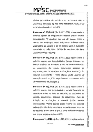 EstedocumentoécópiadooriginalassinadodigitalmenteporLUISFELIPEDEOLIVEIRACZESNAT.Paraconferirooriginal,acesseositehttp://www.mpsc.mp.br,informeoprocesso08.2017.00197725-8
eocódigo1032E40.
fls. 21
2ª PROMOTORIA DE JUSTIÇA DA COMARCA DE BALNEÁRIO PIÇARRAS
Página 18 de 33
Luis Felipe de Oliveira Czesnat
Promotor de Justiça
Freitas proprietária do veículo e ao se deparar com a
guarnição, assustado pq não tinha habilitação evadiu-se do
local, abandonando do veículo”);
Processo nº 68/2011 (fls. 1.492-1.501): restou aceito e
deferido apesar da irregularidade material (razão recursal
inconsistente: “O condutor que era de menor, pegou o
veículo sem autorização de sua mãe, Maria Cesário de Freitas
proprietária do veículo e ao se deparar com a guarnição,
assustado pq não tinha habilitação evadiu-se do local,
abandonando do veículo”);
Processo nº 97/2011 (fls. 1.885-1.889): restou aceito e
deferido apesar das irregularidades formais (campos em
branco, ausência de assinatura e data na folha de Recursos,
do documento do veículo, documentos pessoais do
requerente, Auto de Infração e Notificação) e material (razão
recursal inconsistente: “Venho atraves desta, recorrer da
autuação devido eu já ter pago todas os documentos antes
do recebimento da autuação”);
Processo nº 98/2011 (fls. 1.363-1.367): restou aceito e
deferido apesar das irregularidades formais (ausência de
assinatura e data na folha de Recursos, do documento do
veículo, documentos pessoais do requerente, Auto de
Infração e Notificação) e material (razão recursal
inconsistente: “Venho através desta recorrer da autuação
pelo devido fato de ter recebido a autuação pouco antes de
ter recebido a nova CNH, a qual já tinha dado entrada sendo
que ocorre atraso na auto-escola”);
Processo n° 110/2011 (fls. 1.923-1.931): restou aceito e
 