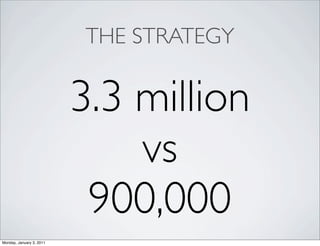 THE STRATEGY


                          3.3 million
                              vs
                           900,000
Monday, January 3, 2011
 