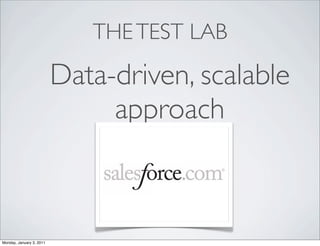 THE TEST LAB

                          Data-driven, scalable
                               approach



Monday, January 3, 2011
 