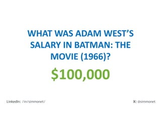 WHAT WAS ADAM WEST’S
SALARY IN BATMAN: THE
MOVIE (1966)?
$100,000
X: @simmonet
LinkedIn: /in/simmonet/
 
