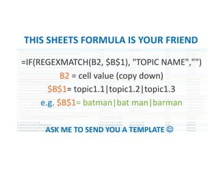 THIS SHEETS FORMULA IS YOUR FRIEND
ASK ME TO SEND YOU A TEMPLATE J
=IF(REGEXMATCH(B2, $B$1), "TOPIC NAME","")
B2 = cell value (copy down)
$B$1= topic1.1|topic1.2|topic1.3
e.g. $B$1= batman|bat man|barman
 