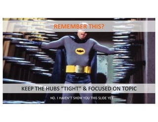 KEEP THE HUBS “TIGHT” & FOCUSED ON TOPIC
REMEMBER THIS?
NO. I HAVEN’T SHOW YOU THIS SLIDE YET
 