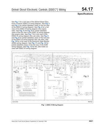 See Fig. 1 for a full view of the Detroit Diesel Elec-
tronic Controls (DDEC) II wiring diagram. See Fig. 2
and Fig. 3 for partial (detailed) views of the full view
of the DDEC II wiring diagram. See Fig. 4 for a full
view of the DDEC III wiring diagram (the engine
side). See Fig. 5 and Fig. 6 for partial (detailed)
views of the full view of the DDEC III wiring diagram
(the engine side). See Fig. 7 for a full view of the
DDEC III wiring diagram (the cab side). See Fig. 8
and Fig. 9 for partial (detailed) views of the full view
of the DDEC III wiring diagram (the cab side). See
Fig. 10 for a full view of the Electronic Data Monitor
(EDM) wiring diagram. See Fig. 11 and Fig. 12 for
partial (detailed) views of the full view of the EDM
wiring diagram. See Fig. 13 for the Jake brake as
used with DDEC III wiring diagram.
03/03/2000 f540732
Fig. 3
Fig. 2
WATER LEVEL PROBE
NOTE: Connector end views are
shown from the cable insertion end.
Fig. 1, DDEC II Wiring Diagram
Detroit Diesel Electronic Controls (DDEC®) Wiring 54.17
Speciﬁcations
Heavy-Duty Trucks Service Manual, Supplement 23, December 1999 400/1
 