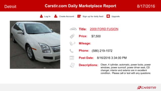 Title:
Price:
Mileage:
Phone:
Post Date:
Descriptions:
Carstir.com Daily Marketplace Report
Log In Create Account Sign up for daily feed Upgrade
Detroit 8/17/2016
2009 FORD FUSION
$7,500
(586) 219-1572
8/16/2016 3:34:00 PM
Clean, 4 cylinder, automatic, power locks, power
windows, power sunroof, power driver seat, CD
changer, interior and exterior are in excellent
condition. Please call or text with any questions
 