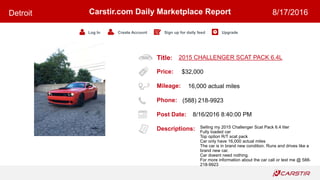 Title:
Price:
Mileage:
Phone:
Post Date:
Descriptions:
Carstir.com Daily Marketplace Report
Log In Create Account Sign up for daily feed Upgrade
Detroit 8/17/2016
2015 CHALLENGER SCAT PACK 6.4L
$32,000
16,000 actual miles
(588) 218-9923
8/16/2016 8:40:00 PM
Selling my 2015 Challenger Scat Pack 6.4 liter
Fully loaded car
Top option R/T scat pack
Car only have 16,000 actual miles
The car is in brand new condition. Runs and drives like a
brand new car.
Car doesnt need nothing.
For more information about the car call or text me @ 588-
218-9923
 
