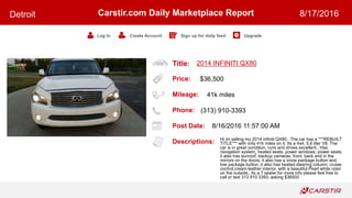 Title:
Price:
Mileage:
Phone:
Post Date:
Descriptions:
Carstir.com Daily Marketplace Report
Log In Create Account Sign up for daily feed Upgrade
Detroit 8/17/2016
2014 INFINITI QX80
$36,500
41k miles
(313) 910-3393
8/16/2016 11:57:00 AM
Hi im selling my 2014 infiniti QX80.. The car has a ***REBUILT
TITLE*** with only 41k miles on it. Its a 4x4, 5.6 liter V8. The
car is in great condition, runs and drives excellent.. Has
navigation system, heated seats, power windows, power seats,
it also has sunroof, backup cameras, front, back and in the
mirrors on the doors, it also has a snow package button and
tow package button, it also has heated steering column, cruise
control,cream leather interior, with a beautiful Pearl white color
on the outside.. its a 7 seater.for more info please feel free to
call or text 313 910 3393, asking $36500
 