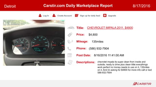Title:
Price:
Mileage:
Phone:
Post Date:
Descriptions:
Carstir.com Daily Marketplace Report
Log In Create Account Sign up for daily feed Upgrade
Detroit 8/17/2016
CHEVROLET IMPALA 2011. $4800
$4,800
135miles
(586) 932-7904
8/16/2016 11:41:00 AM
chevrolet impala its super clean from inside and
outside, ready to drive plus clean tittle everythings
work perfect no money needs to use on it, 135miles
on it. And im asking for $4800 for more info call or text
586-932-7904
 