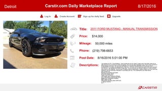 Title:
Price:
Mileage:
Phone:
Post Date:
Descriptions:
Carstir.com Daily Marketplace Report
Log In Create Account Sign up for daily feed Upgrade
Detroit 8/17/2016
2011 FORD MUSTANG - MANUAL TRANSMISSION
$14,000
50,000 miles
(219) 798-6653
8/16/2016 5:01:00 PM
I am selling my 2011 Ford Mustang. I have owned this car for nearly 3 years and it has been used as my
daily driver for my commute to work and school. This car has been well taken care of and I have records of
all oil changes and such. The car has modifications to enhance the aesthetics of the car and minor
modifications to increase the performance of the car. I still have all the stock Ford parts that were removed
from the car. I am asking for $14000 or best offer. The car has just over 50,000 miles on it, most of which
were done on the highway. The car has a 6 speed manual transmission. Please contact me if you have any
questions and are seriously interested in purchasing the car. The modifications are listed below.
20% window tint
Blacked out emblems and lights
SVE Drift wheels 19x9.5
Pirelli Tires All Season
H&R Super Sport Lowering Springs
Koni Performance Shocks and Struts
Magna flow Competition Mufflers
BBK Catted X-Pipe
Aftermarket Mustang Steel Shift Knob
3 Shorty Antenna
SCT
 