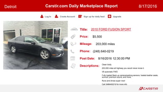 Title:
Price:
Mileage:
Phone:
Post Date:
Descriptions:
Carstir.com Daily Marketplace Report
Log In Create Account Sign up for daily feed Upgrade
Detroit 8/17/2016
2010 FORD FUSION SPORT
$5,500
203,000 miles
(248) 640-0219
8/16/2016 12:30:00 PM
Clean body
203,000 miles all highway you would never know it.
V6 automatic FWD
Fully loaded Back up camera/parking sensors, heated leather seats,
sunroof, premium sound, and more.
Runs and drives super nice!
Call 2486400219 for more info
 