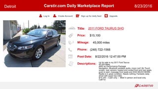 Title:
Price:
Mileage:
Phone:
Post Date:
Descriptions:
Carstir.com Daily Marketplace Report
Log In Create Account Sign up for daily feed Upgrade
Detroit 8/23/2016
2011 FORD TAURUS SHO
$15,100
45,000 miles
(248) 722-1568
8/22/2016 12:47:00 PM
Up for sale is my 2011 Ford Taurus
45,000 Miles
AWD w/ Performance Package
Navigation, Bluetooth wireless audio, moon roof, 8in Touch
screen, rear camera, heated and cooled front and rear seats,
push to start, massage front seats and SOO MUCH MORE.
Really is in great condition. Needs nothing. Fantastic daily
driver with super low miles.
$15,100 -- Cash only -- Meet in person and local only.
Call/Txt
 