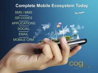 Complete Mobile Ecosystem Today
 SMS / MMS
 QR CODES
APPLICATIONS
  SOCIAL
   EMAIL
MOBILE CRM
 