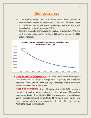 9
Demographics
Of the large shrinking cities of the United States, Detroit has had the
most dramatic decline in population of the past 60 years (down
1,135,791) and the second largest percentage decline (down 61.4%,
second only to St. Louis, Missouri's 62.7%).
While the drop in Detroit's population has been ongoing since 1950, the
most dramatic period was the significant 25% decline between the 2000
and 2010 Census.
 Income and employment: - The loss of industrial and working-class
jobs in the city has resulted in high rates of poverty and associated
problems. From 2000 to 2009, the city's estimated median household
income fell from $29,526 to $26,098.
 Race and ethnicity: - Over a 60-year period, white flight occurred in
the city. According to an estimate of the Michigan Metropolitan
Information Center, from 2008 to 2009 the percentage of non-Hispanic
White residents increased from 8.4% to 13.3%. Some empty nesters and
many younger White people moved into the city while many African
Americans moved to the suburbs.
 