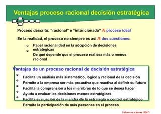 Facilita un análisis más sistemático, lógico y racional de la decisión
Permite a la empresa ser más proactiva que reactiva al definir su futuro
Facilita la comprensión a los miembros de lo que se desea hacer
Ayuda a evaluar las decisiones menos estratégicas
Facilita evaluación de la marcha de la estrategia o control estratégico
Permite la participación de más personas en el proceso
Ventajas proceso racional decisión estratégica
Proceso descrito: “racional” e “intencionado” Æ proceso ideal
En la realidad, el proceso no siempre es así Æ dos cuestiones:
Papel racionalidad en la adopción de decisiones
estratégicas
De qué depende que el proceso real sea más o menos
racional
Ventajas de un proceso racional de decisión estratégica
Facilita un análisis más sistemático, lógico y racional de la decisión
Permite a la empresa ser más proactiva que reactiva al definir su futuro
Facilita la comprensión a los miembros de lo que se desea hacer
Ayuda a evaluar las decisiones menos estratégicas
Facilita evaluación de la marcha de la estrategia o control estratégico
Permite la participación de más personas en el proceso
© Guerras y Navas (2007)
 