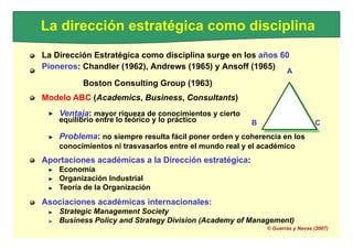 Boston Consulting Group (1963)
La dirección estratégica como disciplina
La Dirección Estratégica como disciplina surge en los años 60
Pioneros: Chandler (1962), Andrews (1965) y Ansoff (1965)
A
Modelo ABC (Academics, Business, Consultants)
Ventaja: mayor riqueza de conocimientos y cierto
equilibrio entre lo teórico y lo práctico B C
Problema: no siempre resulta fácil poner orden y coherencia en los
conocimientos ni trasvasarlos entre el mundo real y el académico
Aportaciones académicas a la Dirección estratégica:
Economía
Organización Industrial
Teoría de la Organización
Asociaciones académicas internacionales:
Strategic Management Society
Business Policy and Strategy Division (Academy of Management)
© Guerras y Navas (2007)
 