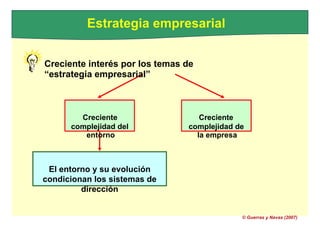 Estrategia empresarial
Creciente interés por los temas de
“estrategia empresarial”
Creciente Creciente
complejidad del complejidad de
entorno la empresa
El entorno y su evolución
condicionan los sistemas de
dirección
© Guerras y Navas (2007)
 
