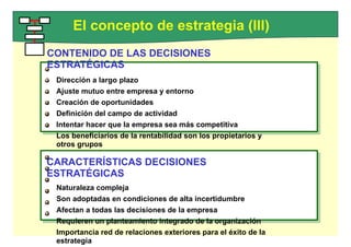 Dirección a largo plazo
Ajuste mutuo entre empresa y entorno
Creación de oportunidades
Definición del campo de actividad
Intentar hacer que la empresa sea más competitiva
Los beneficiarios de la rentabilidad son los propietarios y otros grupos
Naturaleza compleja
Son adoptadas en condiciones de alta incertidumbre
Afectan a todas las decisiones de la empresa
Requieren un planteamiento integrado de la organización
Importancia red de relaciones exteriores para el éxito de la estrategia
Suelen requerir cambios en las organizaciones
El concepto de estrategia (III)
CONTENIDO DE LAS DECISIONES
ESTRATÉGICAS
Dirección a largo plazo
Ajuste mutuo entre empresa y entorno
Creación de oportunidades
Definición del campo de actividad
Intentar hacer que la empresa sea más competitiva
Los beneficiarios de la rentabilidad son los propietarios y
otros grupos
CARACTERÍSTICAS DECISIONES
ESTRATÉGICAS
Naturaleza compleja
Son adoptadas en condiciones de alta incertidumbre
Afectan a todas las decisiones de la empresa
Requieren un planteamiento integrado de la organización
Importancia red de relaciones exteriores para el éxito de la
estrategia
 
