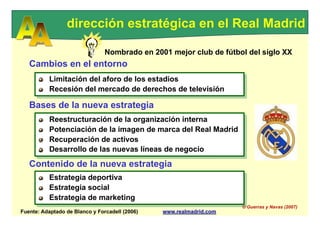 La
Reestructuración de la organización interna
Potenciación de la imagen de marca del Real Madrid
Recuperación de activos
Desarrollo de las nuevas líneas de negocio
Estrategia deportiva
Estrategia social
Estrategia de marketing
Limitación del aforo de los estadios
Recesión del mercado de derechos de televisión
Fuente: Adaptado de Blanco y Forcadell (2006) www.realmadrid.com
dirección estratégica en el Real Madrid
Nombrado en 2001 mejor club de fútbol del siglo XX
Cambios en el entorno
Limitación del aforo de los estadios
Recesión del mercado de derechos de televisión
Bases de la nueva estrategia
Reestructuración de la organización interna
Potenciación de la imagen de marca del Real Madrid
Recuperación de activos
Desarrollo de las nuevas líneas de negocio
Contenido de la nueva estrategia
Estrategia deportiva
Estrategia social
Estrategia de marketing
© Guerras y Navas (2007)
 