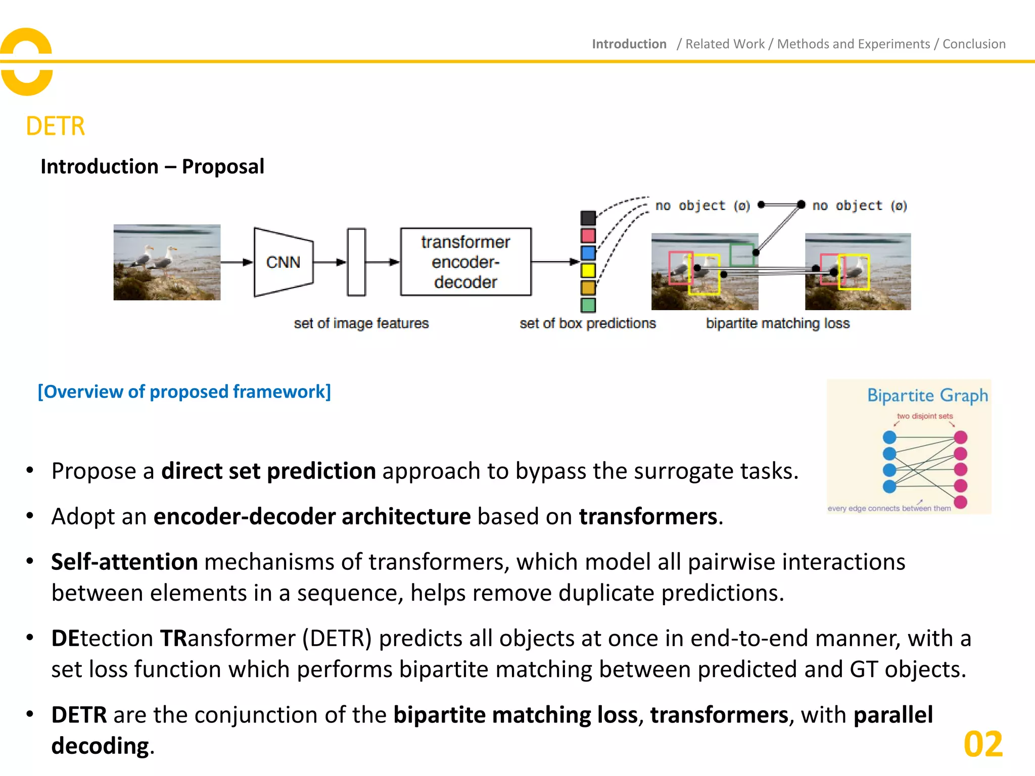 Introduction – Proposal
• Propose a direct set prediction approach to bypass the surrogate tasks.
• Adopt an encoder-decoder architecture based on transformers.
• Self-attention mechanisms of transformers, which model all pairwise interactions
between elements in a sequence, helps remove duplicate predictions.
• DEtection TRansformer (DETR) predicts all objects at once in end-to-end manner, with a
set loss function which performs bipartite matching between predicted and GT objects.
• DETR are the conjunction of the bipartite matching loss, transformers, with parallel
decoding.
Introduction / Related Work / Methods and Experiments / Conclusion
02
[Overview of proposed framework]
DETR
 