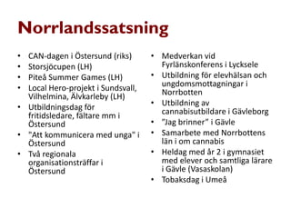 Norrlandssatsning
• CAN-dagen i Östersund (riks)
• Storsjöcupen (LH)
• Piteå Summer Games (LH)
• Local Hero-projekt i Sundsvall,
Vilhelmina, Älvkarleby (LH)
• Utbildningsdag för
fritidsledare, fältare mm i
Östersund
• "Att kommunicera med unga" i
Östersund
• Två regionala
organisationsträffar i
Östersund
• Medverkan vid
Fyrlänskonferens i Lycksele
• Utbildning för elevhälsan och
ungdomsmottagningar i
Norrbotten
• Utbildning av
cannabisutbildare i Gävleborg
• ”Jag brinner” i Gävle
• Samarbete med Norrbottens
län i om cannabis
• Heldag med år 2 i gymnasiet
med elever och samtliga lärare
i Gävle (Vasaskolan)
• Tobaksdag i Umeå
 