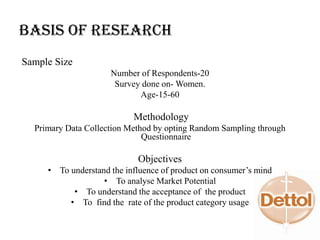 Basis of Research
Sample Size
Number of Respondents-20
Survey done on- Women.
Age-15-60
Methodology
Primary Data Collection Method by opting Random Sampling through
Questionnaire
Objectives
• To understand the influence of product on consumer’s mind
• To analyse Market Potential
• To understand the acceptance of the product
• To find the rate of the product category usage
 
