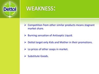  Competition from other similar products means stagnant
market share.
 Burning sensation of Antiseptic Liquid.
 Dettol target only Kids and Mother in their promotions.
 Lo prices of other soaps in market.
 Substitute Goods.
 