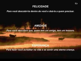 Para você descobri-la dentro de você e doá-la a quem precisar.
ESPERANÇA
AMIZADE
FELICIDADE
Para você descobrir que, quem tem um amigo, tem um tesouro.
Para fazer você acreditar na vida e se sentir uma eterna criança.
 