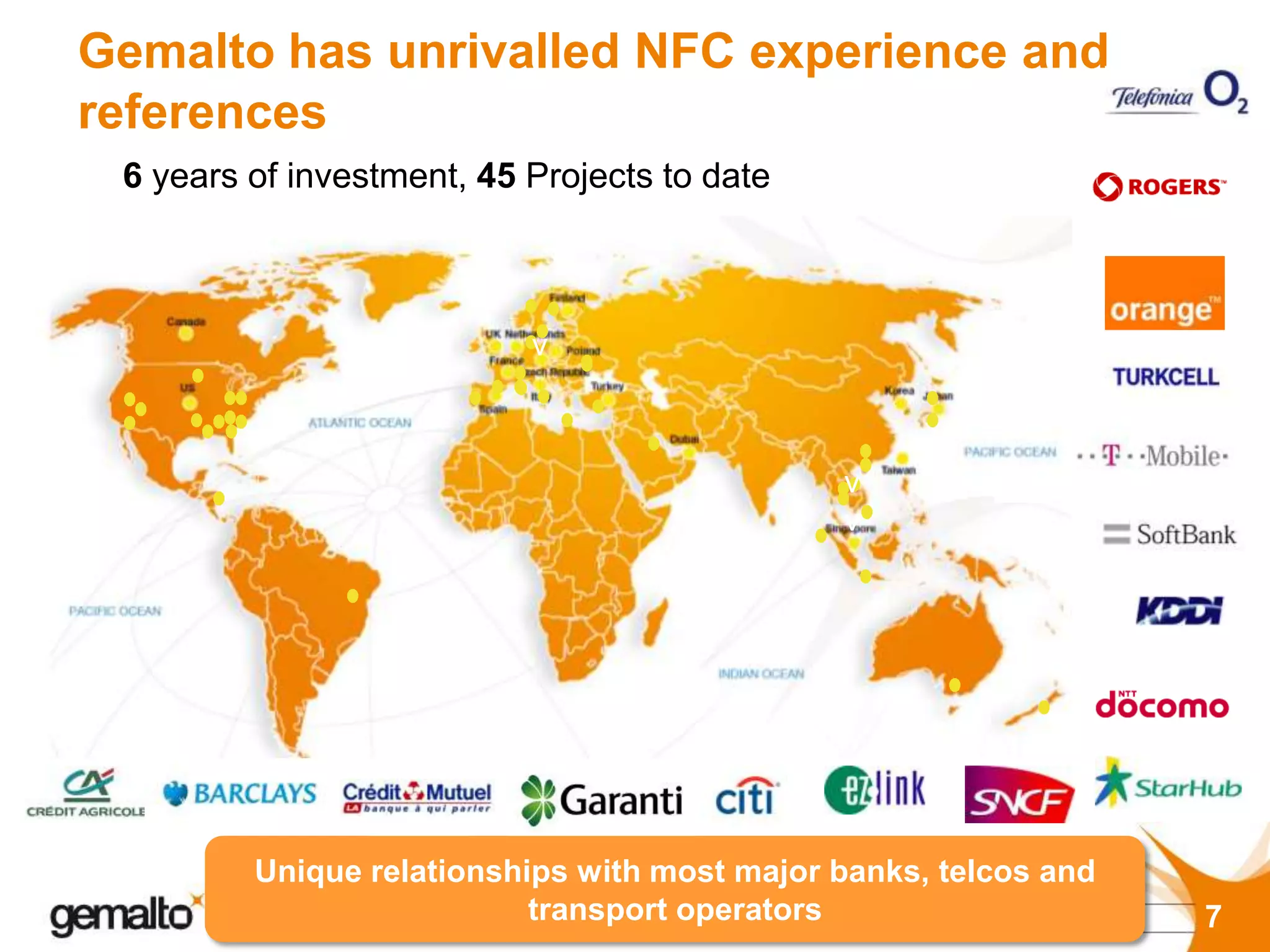 Gemalto has unrivalled NFC experience and
references
 6 years of investment, 45 Projects to date



                           v



                                              v
                                              v




         Unique relationships with most major banks, telcos and
                           transport operators                    7
 
