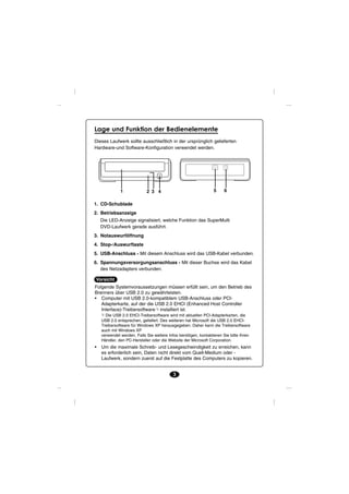 Lage und Funktion der Bedienelemente
Dieses Laufwerk sollte ausschließlich in der ursprünglich gelieferten
Hardware-und Software-Konfiguration verwendet werden.




              1             2 3 4                                5    6

1. CD-Schublade
2. Betriebsanzeige
    Die LED-Anzeige signalisiert, welche Funktion das SuperMulti
    DVD-Laufwerk gerade ausführt.
3. Notauswurföffnung
4. Stop-/Auswurftaste
5. USB-Anschluss - Mit diesem Anschluss wird das USB-Kabel verbunden.
6. Spannungsversorgungsanschluss - Mit dieser Buchse wird das Kabel
   des Netzadapters verbunden.

Vorsicht
Folgende Systemvoraussetzungen müssen erfüllt sein, um den Betrieb des
Brenners über USB 2.0 zu gewährleisten.
• Computer mit USB 2.0-kompatiblem USB-Anschluss oder PCI-
   Adapterkarte, auf der die USB 2.0 EHCI (Enhanced Host Controller
   Interface)-Treibersoftware 1) installiert ist.
    1)Die USB 2.0 EHCI-Treibersoftware wird mit aktuellen PCI-Adapterkarten, die
    USB 2.0 entsprechen, geliefert. Des weiteren hat Microsoft die USB 2.0 EHCI-
    Treibersoftware für Windows XP herausgegeben. Daher kann die Treibersoftware
    auch mit Windows XP
    verwendet werden. Falls Sie weitere Infos benötigen, kontaktieren Sie bitte Ihren
    Händler, den PC-Hersteller oder die Website der Microsoft Corporation.
•   Um die maximale Schreib- und Lesegeschwindigkeit zu erreichen, kann
    es erforderlich sein, Daten nicht direkt vom Quell-Medium oder -
    Laufwerk, sondern zuerst auf die Festplatte des Computers zu kopieren.


                                           3
 