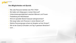 Ihre Möglichkeiten mit Quividi.
 Wie viele Personen betreten den POI / POS?
 Wo halten sich Zielgruppen in einem Store auf?
 Unterscheidungsmöglichkeit zwischen Männern und Frauen.
 Feststellung der Altersklassen.
 Wird ein spezieller Bereich bewusst wahrgenommen?
 Wie lange halten sich Personen in einem Bereich auf?
 Welche Personengruppe schaut am längsten auf den Screen?
 Wie ist der Zulauf je Uhrzeiten und Tag in gewissen Bereichen?
 Uvm …
pilot Screentime 8
 