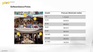 Softwarelizenz-Preise.
pilot Screentime 17
Anzahl Preis pro Stück/Jahr (netto)
1-9
1.176,00 €
10-19
636,00 €
20-29
606,00 €
30-49
596,40 €
50-99
384,00 €
100-499
336,00 €
500-999
230,40 €
Ab 1000
192,00 €
1
3
2
4
 