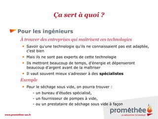 Ça sert à quoi ?
Pour les ingénieurs
À trouver des entreprises qui maîtrisent ces technologies
Savoir qu'une technologie qu'ils ne connaissaient pas est adaptée,
c'est bien
Mais ils ne sont pas experts de cette technologie
Ils mettront beaucoup de temps, d'énergie et dépenseront
beaucoup d'argent avant de la maîtriser
Il vaut souvent mieux s'adresser à des spécialistes

Exemple
Pour le séchage sous vide, on pourra trouver :
- un bureau d'études spécialisé,
- un fournisseur de pompes à vide,
- ou un prestataire de séchage sous vide à façon

 