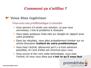 Comment ça s'utilise ?
Vous êtes ingénieur
Vous avez une problématique à résoudre
Vous ignorez s'il existe une solution, ce que vous
connaissez, c'est le problème à résoudre
Vous tapez quelques mots-clés sur Google en rapport avec
votre problème
Dans les résultats, vous allez probablement tomber sur un
article Deucalion traitant de votre problématique
Vous lisez l'article, découvrez qu'il y a trois solutions
possibles, et l'une d'elles est inconnue pour vous
Vous suivez le lien vers cette technologie, vous lisez
l'article, et vous vous dites que c'est ce qu'il vous faut

 