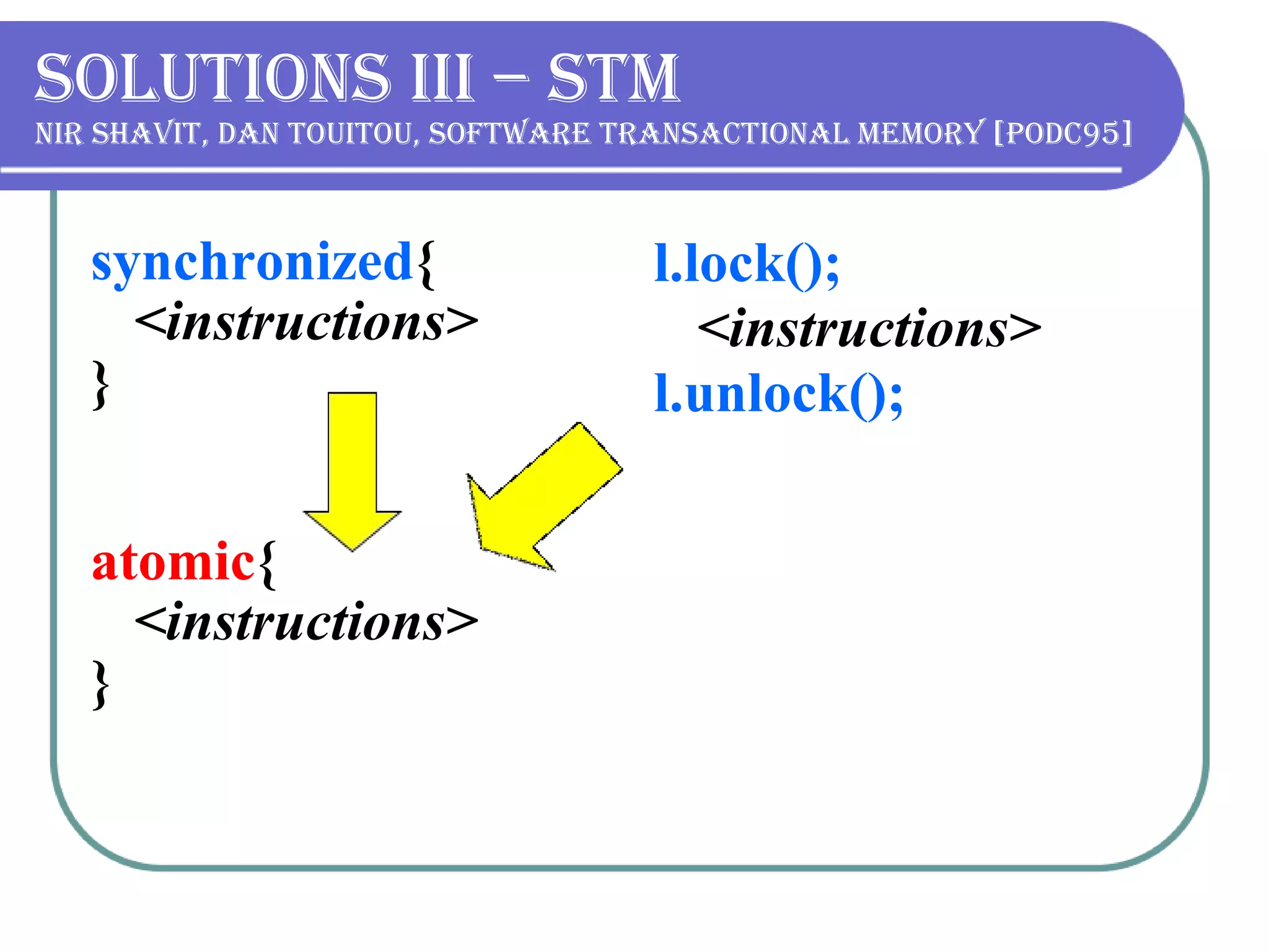 Solutions III – STM   Nir Shavit, DAN TOUITOU, Software Transactional Memory [PODC95] synchronized { <instructions> } atomic { <instructions> }   l.lock(); <instructions> l.unlock(); 