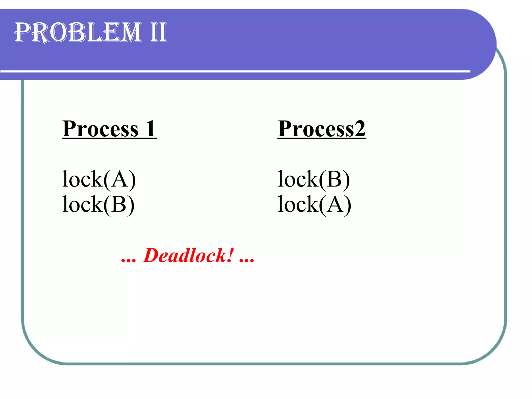 Problem II Process 1 Process2 lock(A) lock(B) lock(B) lock(A)   ... Deadlock! ...   