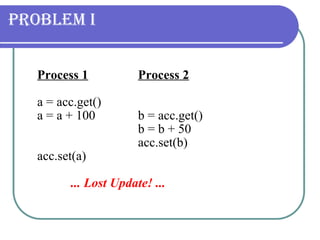 Problem I Process 1   Process 2 a = acc.get()    a = a + 100 b = acc.get()  b = b + 50  acc.set(b) acc.set(a)   ... Lost Update! ...    