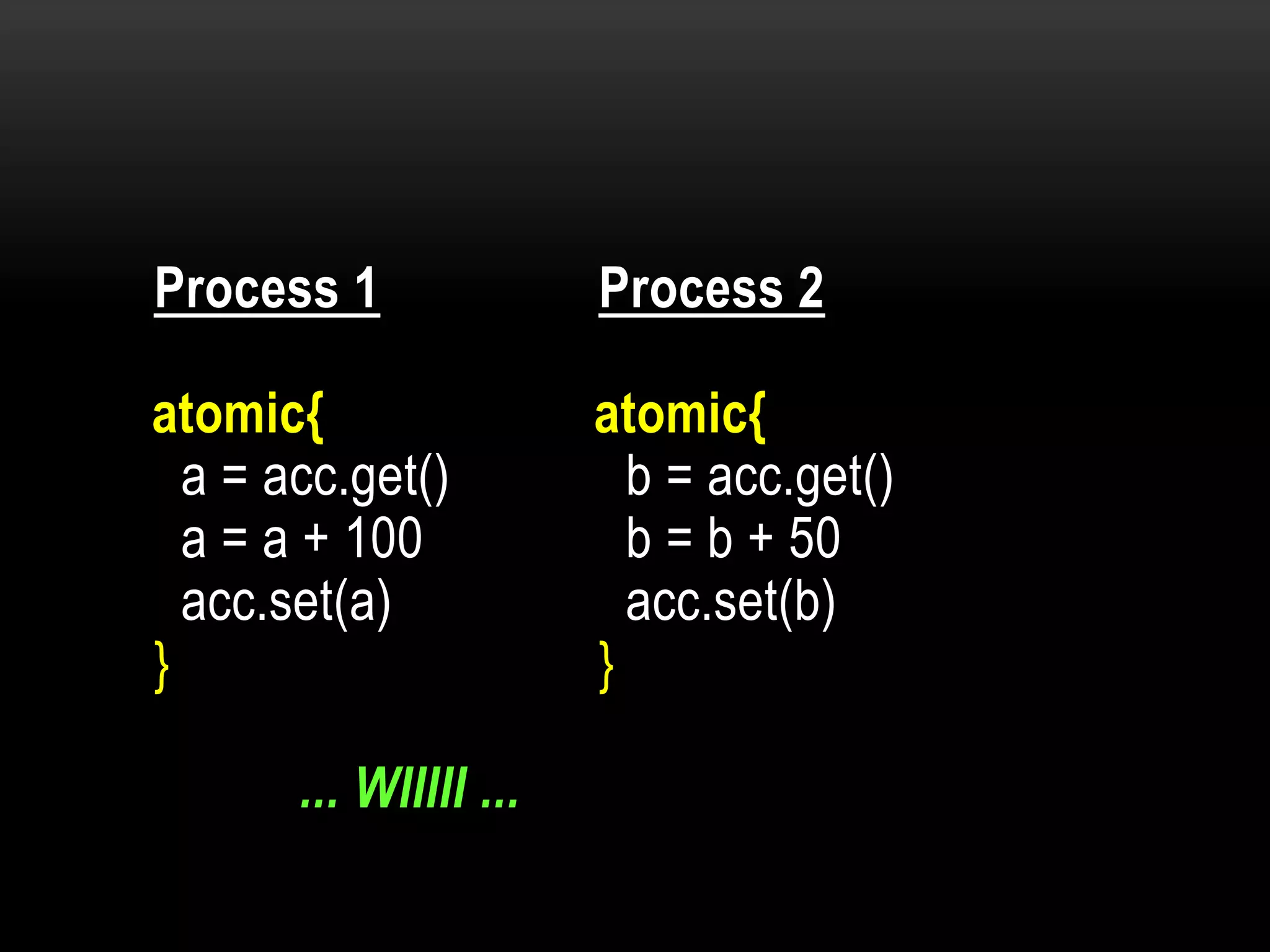 Process 1

Process 2

atomic{
a = acc.get()
a = a + 100
acc.set(a)
}

atomic{
b = acc.get()
b = b + 50
acc.set(b)
}

... WIIIII ...

 