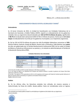 Av. Paseo de la Reforma No. 135
                                                                                                                                                                      Hemiciclo. Nível 5, Oficina 15
                                SENADOR RAMÓN GALINDO                                                                                                                 Col. Tabacalera. Deleg. Cuauhtémoc
                                	
     NORIEGA                                                                                                                        C.P. 06030 México, D.F.
                                                                                                                                                                      Teléfonos: (55) 5345-3000 ó
                                            Oficina de Prensa
                                 	
                                                                                                                                   01800 5010-810 Ext. 3380
                                                                                                                                                                      ramon.galindo@pan.senado.gob.mx
                                 	
  
                                                                                                                                                                                                                        	
  
                                                                                                            	
  
                                                                                                                                       México,	
  D.F.,	
  a	
  24	
  de	
  enero	
  de	
  2012.	
  
	
  
	
  
                                        ENDEUDAMIENTO	
  PÚBLICO	
  ESTATAL	
  ACUMULADO	
  Y	
  DIARIO1	
  	
  
	
  
Antecedentes	
  
	
  
1.-­‐	
   Al	
   tercer	
   trimestre	
   de	
   2011,	
   la	
   Unidad	
   de	
   Coordinación	
   con	
   Entidades	
   Federativas	
   de	
   la	
  
Secretaría	
   de	
   Hacienda	
   y	
   Crédito	
   Público	
   (SHCP),	
   reportó	
   un	
   endeudamiento	
   de	
   los	
   gobiernos	
  
estatales	
   más	
   sus	
   organismos	
   descentralizados	
   por	
   310	
   mil	
   957.8	
   millones	
   de	
   pesos,	
   significando	
  
el	
  86.7%	
  de	
  la	
  deuda	
  total	
  subnacional	
  (358	
  mil	
  501.3	
  millones	
  de	
  pesos),	
  monto	
  que	
  es	
  6.5	
  veces	
  
mayor	
  al	
  endeudamiento	
  incurrido	
  por	
  los	
  gobiernos	
  municipales	
  y	
  sus	
  respectivos	
  organismos.	
  	
  	
  
	
  
2.-­‐	
  De	
  los	
  310	
  mil	
  957.8	
  millones	
  de	
  pesos	
  tan	
  sólo	
  5	
  entidades	
  federativas	
  concentran	
  el	
  54%:	
  
Distrito	
  Federal,	
  Coahuila,	
  Estado	
  de	
  México,	
  Nuevo	
  León	
  y	
  Chihuahua.	
  Cabe	
  destacar	
  que	
  cuatro	
  
de	
  ellas	
  son	
  gobernadas	
  por	
  el	
  Partido	
  Revolucionario	
  Institucional	
  (PRI),	
  de	
  las	
  cuales	
  el	
  Estado	
  
de	
  México	
  y	
  Coahuila	
  ya	
  refinanciaron	
  sus	
  pasivos;	
  y,	
  la	
  restante	
  es	
  administrada	
  por	
  el	
  Partido	
  de	
  
la	
  Revolución	
  Democrática	
  (PRD).	
  
	
  	
  	
  
                                                               Entidades	
  federativas	
  más	
  endeudadas	
  
                                                                                          	
  
                                  Entidad	
  Federativa	
                   Deuda	
  pública	
  estatal	
        Partido	
  político	
  	
  
                                                                                     	
  (MDP)	
                  que	
  gobierna	
  
                              Distrito	
  Federal	
  1/	
                         $52,391.0	
                            PRD	
  
                              Coahuila	
  2/	
                                    $36,018.4	
                             PRI	
  
                              Estado	
  de	
  México	
  3/	
                      $32,240.7	
                             PRI	
  
                              Nuevo	
  León	
                                     $31,120.9	
                             PRI	
  
                              Chihuahua	
                                         $16,159.7	
                             PRI	
  
	
  
1/	
  El	
  31	
  de	
  julio	
  de	
  2007,	
  la	
  SHCP	
  le	
  aprobó	
  refinanciar	
  el	
  85.5%	
  de	
  sus	
  pasivos.	
  
2/	
   El	
   2	
   de	
   mayo	
   de	
   2008,	
   la	
   LVI	
   Legislatura	
   del	
   Congreso	
   del	
   Estado	
   de	
   México	
   le	
   aprobó	
   al	
   gobierno	
   de	
   Enrique	
   Peña	
   Nieto	
  
refinanciar	
  el	
  87%	
  de	
  su	
  deuda.	
  	
  
3/	
  Los	
  días	
  17	
  de	
  agosto	
  y	
  27	
  de	
  septiembre	
  de	
  2011	
  la	
  LVIII	
  Legislatura	
  del	
  Congreso	
  del	
  Estado	
  de	
  Coahuila	
  aprobó	
  refinanciar	
  el	
  
83%	
  de	
  la	
  deuda	
  estatal	
  contratada	
  por	
  el	
  gobierno	
  de	
  Humberto	
  Moreira	
  Valdez.	
  	
  
Fuente:	
  elaboración	
  propia.	
  
	
  
Análisis	
  
	
  
3.-­‐	
   En	
   los	
   últimos	
   años,	
   los	
   Ejecutivos	
   estatales	
   han	
   utilizado,	
   de	
   manera	
   excesiva	
   e	
  
indiscriminada,	
   las	
   líneas	
   de	
   crédito	
   -­‐deuda	
   pública-­‐	
   hasta	
   ser	
   consideradas	
   como	
   un	
   ingreso	
  

1
 	
  Se	
  entenderá	
  por	
  deuda	
  pública	
  estatal	
  la	
  contratada	
  por	
  el	
  gobierno	
  del	
  estado	
  más	
  sus	
  organismos	
  
descentralizados.	
  



          1
 