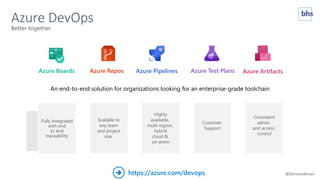 Azure DevOps
An end-to-end solution for organizations looking for an enterprise-grade toolchain
Fully Integrated
with end
to end
traceability
Better together
Scalable to
any team
and project
size
Highly
available,
multi region,
hybrid
cloud &
on-prem
Customer
Support
Consistent
admin
and access
control
https://azure.com/devops➔
Azure Boards Azure Repos Azure Pipelines Azure Test Plans Azure Artifacts
@DonovanBrown
 
