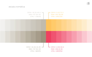 escala cromática
CMYK = 0, 90, 50, 0
RGB = 238, 63, 96
HTML = #EE3F60
CMYK = 43, 40, 55, 00
RGB = 157, 145, 123
HTML = 9D917B
CMYK = 0, 25, 75, 0
RGB = 254, 195, 89
HTML = #FEC359
CMYK = 25, 22, 40, 0
RGB = 157, 145, 123
HTML = C1BAAD
 