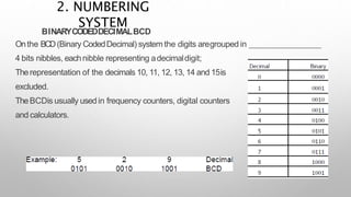 BINARYCODEDDECIMALBCD
Onthe BCD(Binary CodedDecimal) system the digits aregrouped in
4 bits nibbles, eachnibble representing adecimaldigit;
Therepresentation of the decimals 10, 11, 12, 13, 14 and 15is
excluded.
TheBCDis usually usedin frequency counters, digital counters
and calculators.
2. NUMBERING
SYSTEM
 