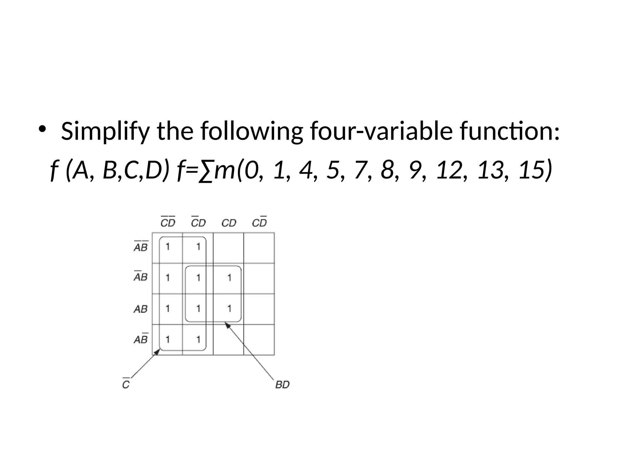 • Simplify the following four-variable function:
f (A, B,C,D) f=∑m(0, 1, 4, 5, 7, 8, 9, 12, 13, 15)
 