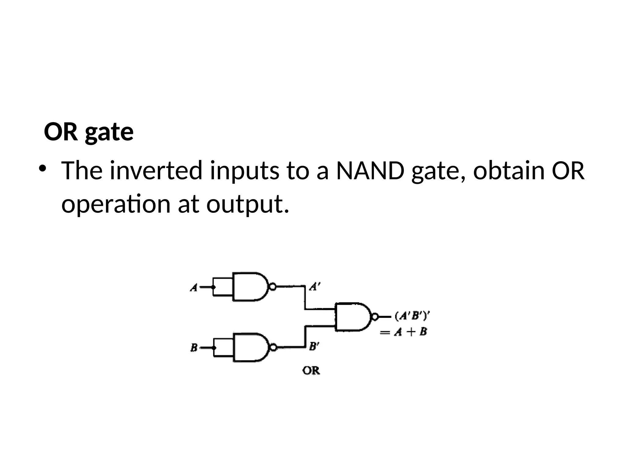 OR gate
• The inverted inputs to a NAND gate, obtain OR
operation at output.
 