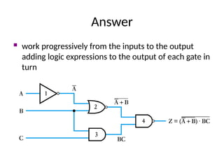 Answer
 work progressively from the inputs to the output
adding logic expressions to the output of each gate in
turn
 