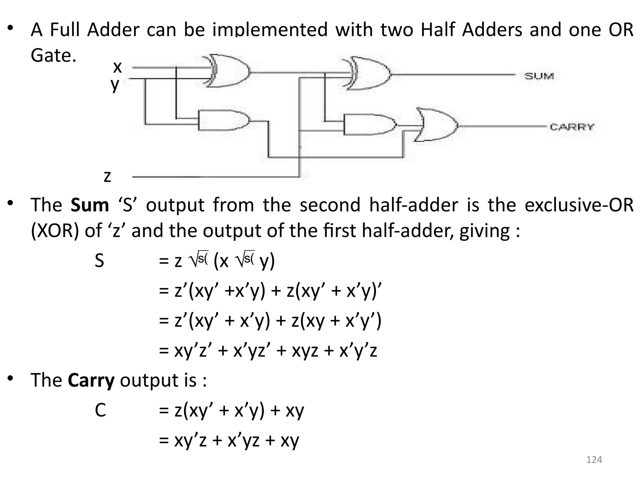 124
• A Full Adder can be implemented with two Half Adders and one OR
Gate.
• The Sum ‘S’ output from the second half-adder is the exclusive-OR
(XOR) of ‘z’ and the output of the first half-adder, giving :
S = z  (x  y)
= z’(xy’ +x’y) + z(xy’ + x’y)’
= z’(xy’ + x’y) + z(xy + x’y’)
= xy’z’ + x’yz’ + xyz + x’y’z
• The Carry output is :
C = z(xy’ + x’y) + xy
= xy’z + x’yz + xy
y
x
z
 