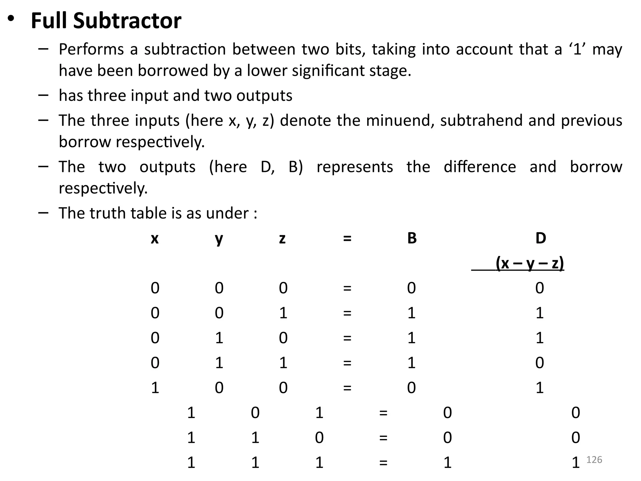 126
• Full Subtractor
– Performs a subtraction between two bits, taking into account that a ‘1’ may
have been borrowed by a lower significant stage.
– has three input and two outputs
– The three inputs (here x, y, z) denote the minuend, subtrahend and previous
borrow respectively.
– The two outputs (here D, B) represents the difference and borrow
respectively.
– The truth table is as under :
x y z = B D
(x – y – z)
0 0 0 = 0 0
0 0 1 = 1 1
0 1 0 = 1 1
0 1 1 = 1 0
1 0 0 = 0 1
1 0 1 = 0 0
1 1 0 = 0 0
1 1 1 = 1 1
 